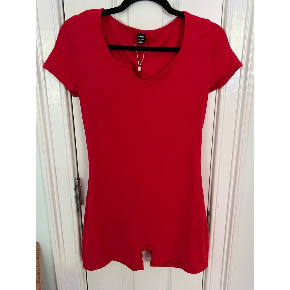 SHEIN Red Ribbed Short Sleeve Romper Notched Neck Jumpsuit Size M sw211217923706